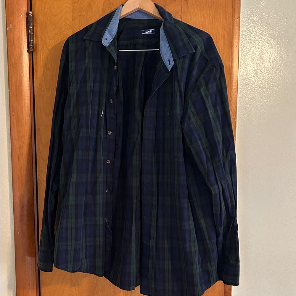 Izod Men's Casual Button Down Shirt - Navy and Green Plaid